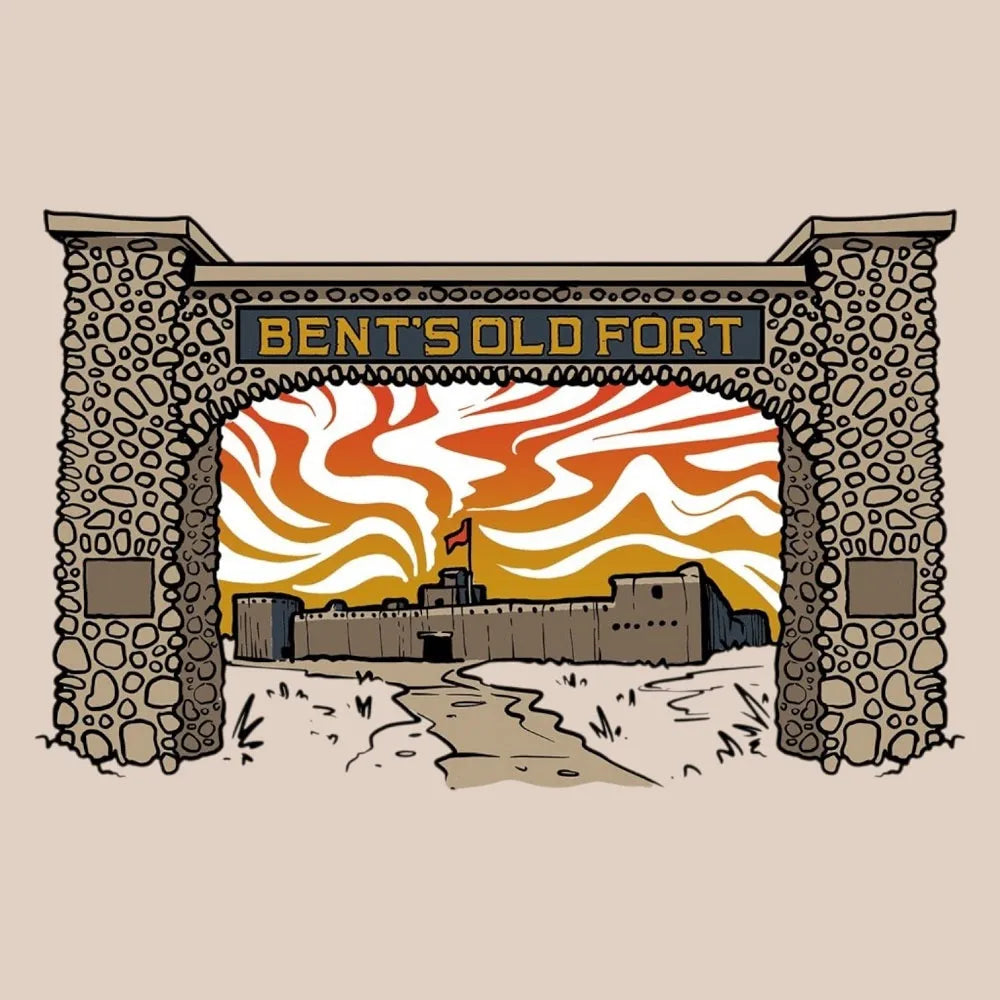 Illustration of Bent's Old Fort with a stone archway and colorful sky.