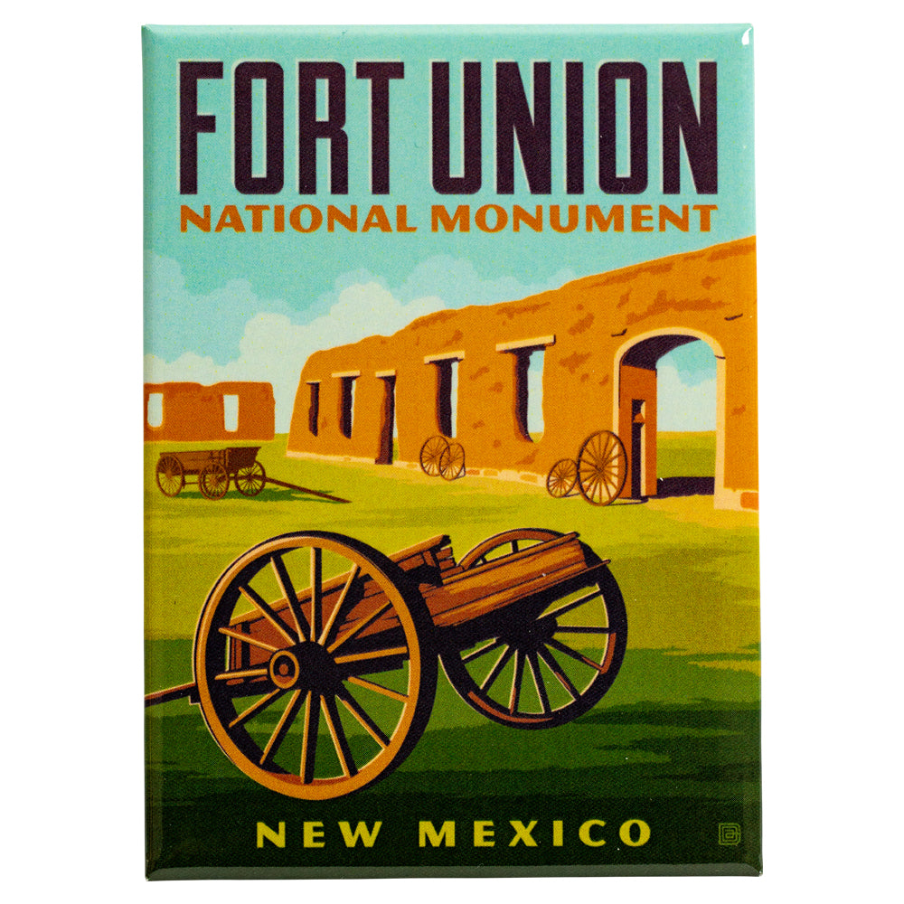 Magnet of Fort Union National Monument in New Mexico with a wagon and building.