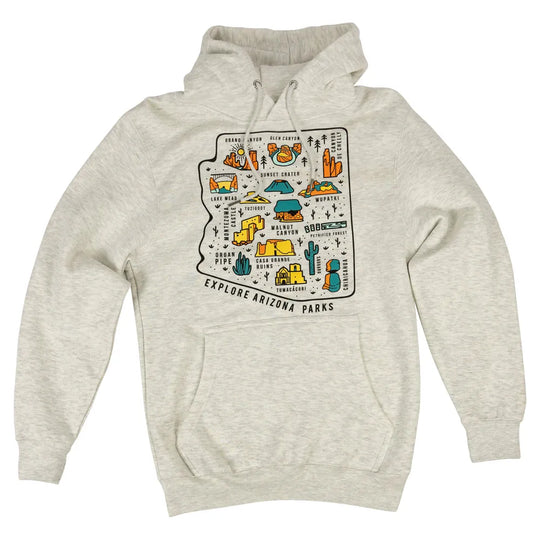 Explore Arizona Parks Fleece Hoodie in oatmeal color with Arizona park graphic