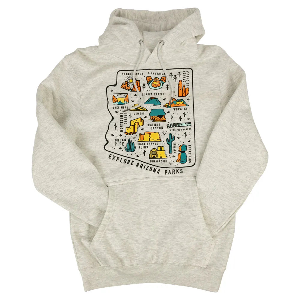 Oatmeal colored hoodie with arm tucked in front pocket