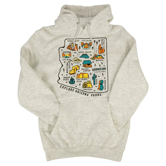 Oatmeal colored hoodie with arm tucked in front pocket