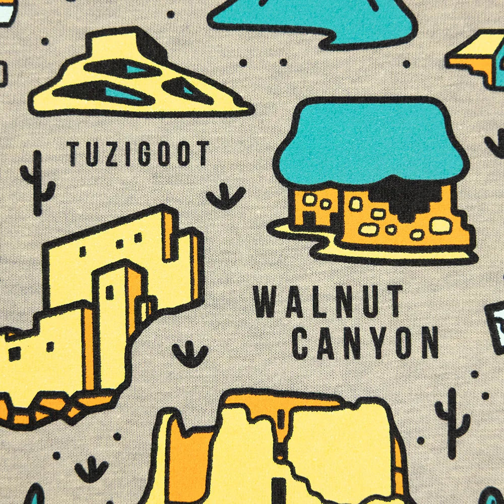 Pattern of desert-themed illustrations with text on a beige background