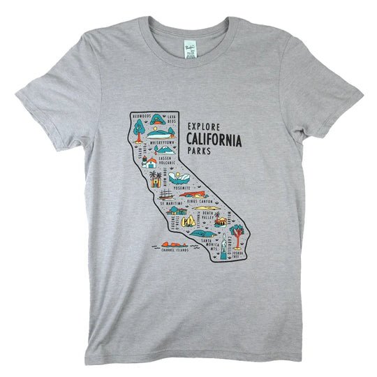 Gray t-shirt with a map of California and 'Explore California Parks' text on a white background