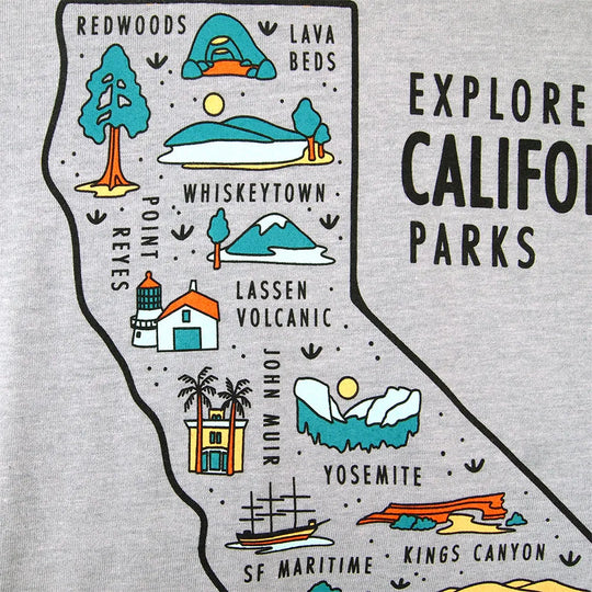 Map of California with icons representing various parks on a gray background.
