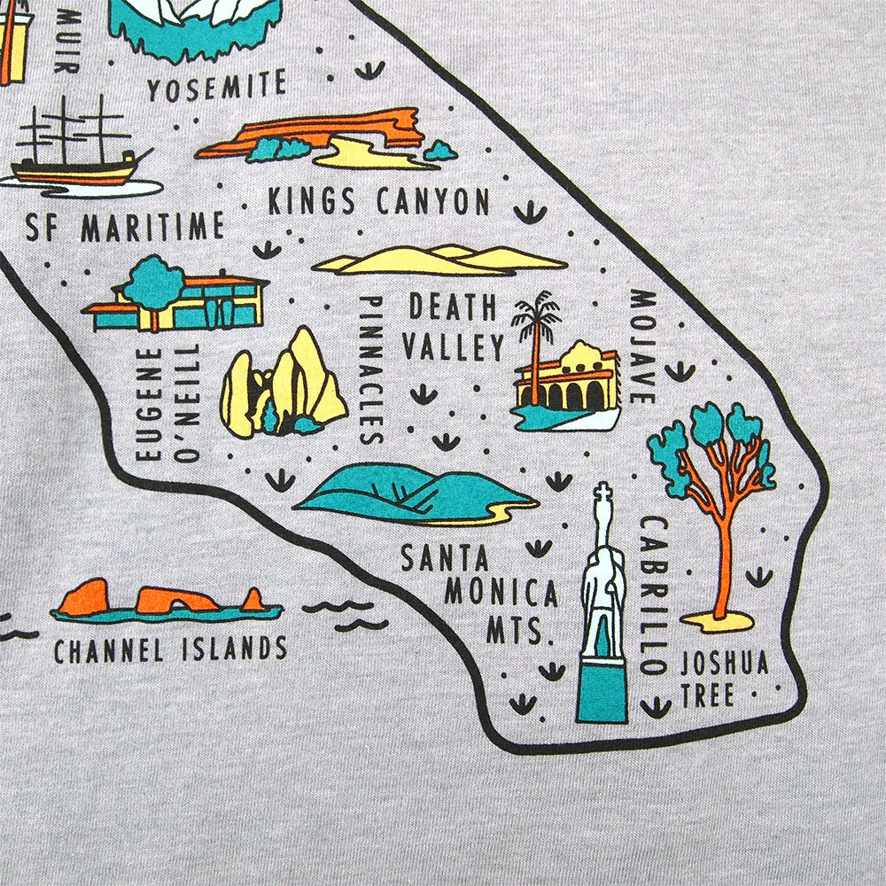 Map of California with various locations labeled on a gray background
