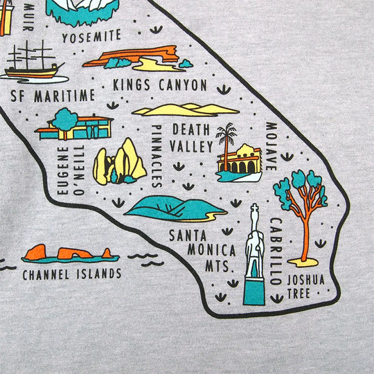 Map of California with various locations labeled on a gray background