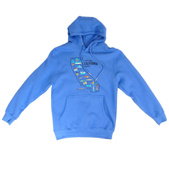 Blue hoodie with California map design on a white background