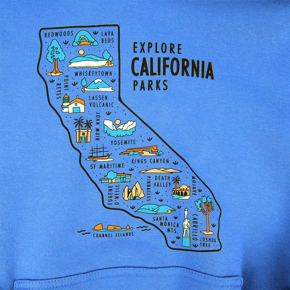 Blue t-shirt with a map of California parks design on a blue background