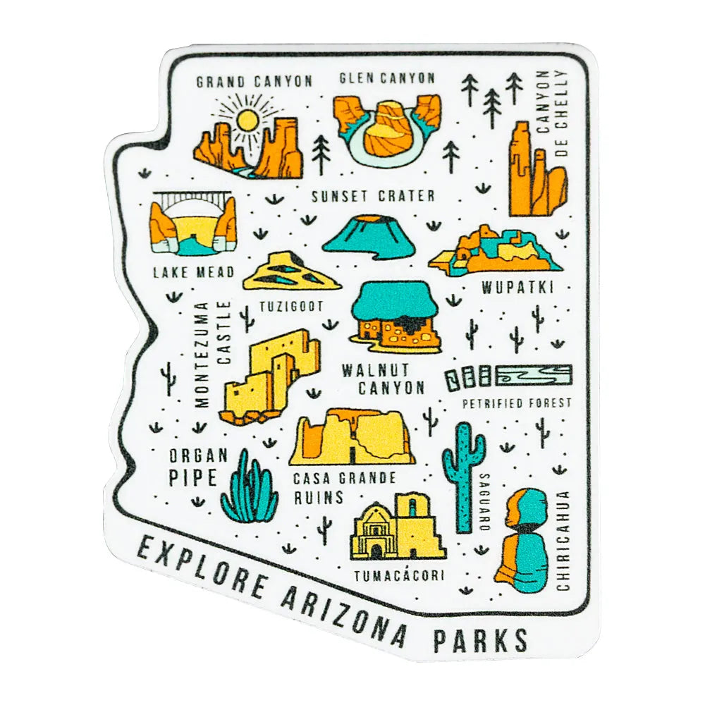 Sticker with illustrations of Arizona landmarks and parks on a white background