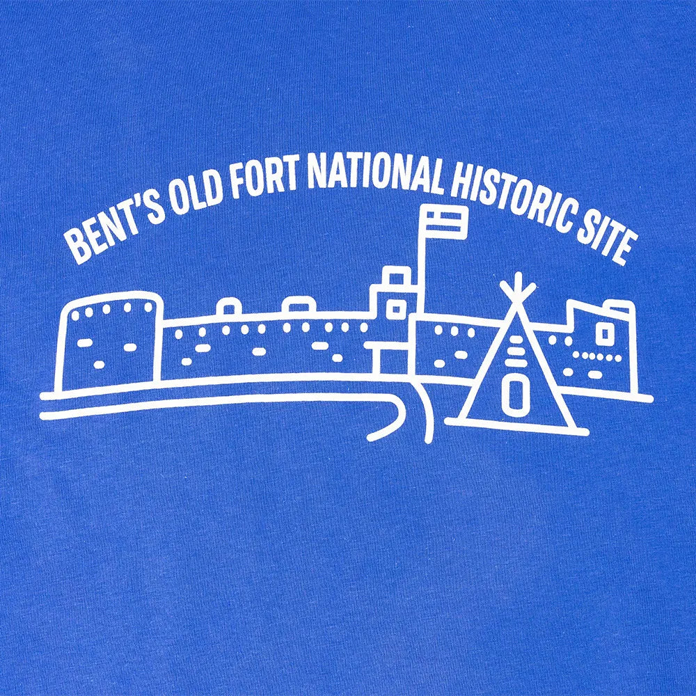 Blue shirt with white graphic of Bent's Old Fort National Historic Site