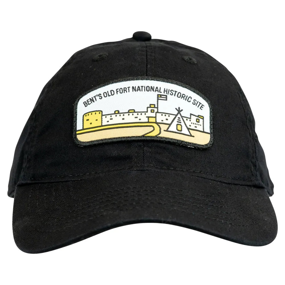 Black cap with a graphic of Bent's Old Fort National Historic Site on a white background