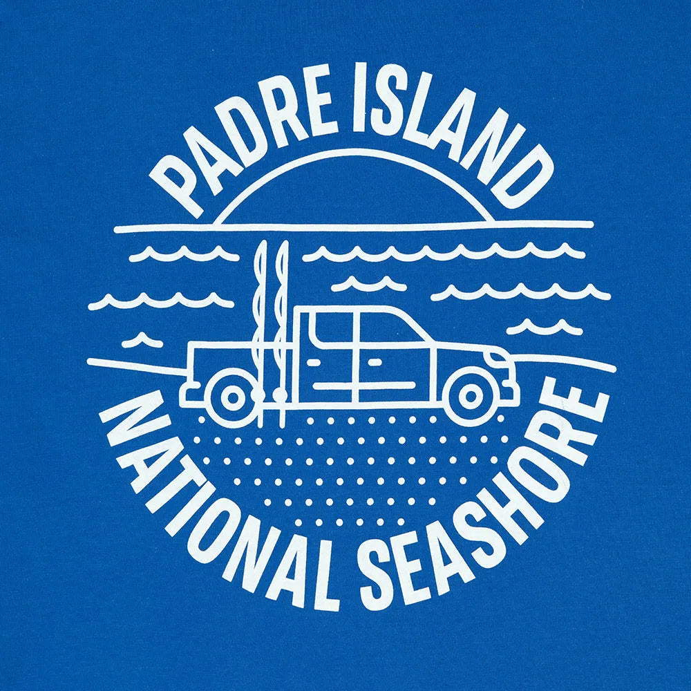 Logo of Padre Island National Seashore with a vintage car and surfboards on a blue background