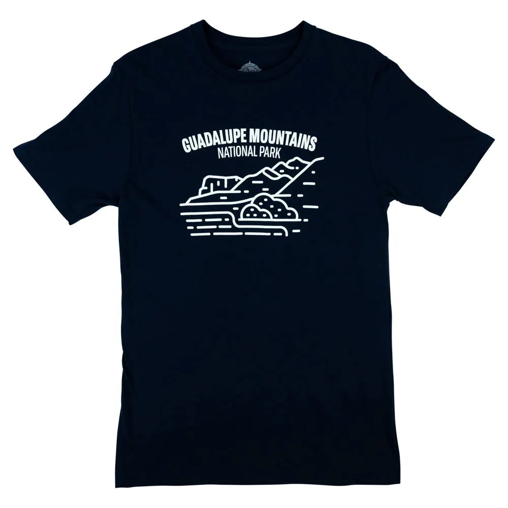 Black t-shirt with white graphic and text of Guadalupe Mountains National Park on a white background