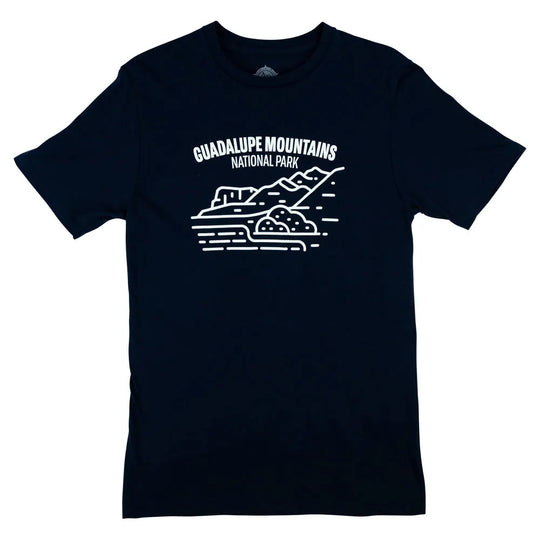 Black t-shirt with white graphic and text of Guadalupe Mountains National Park on a white background