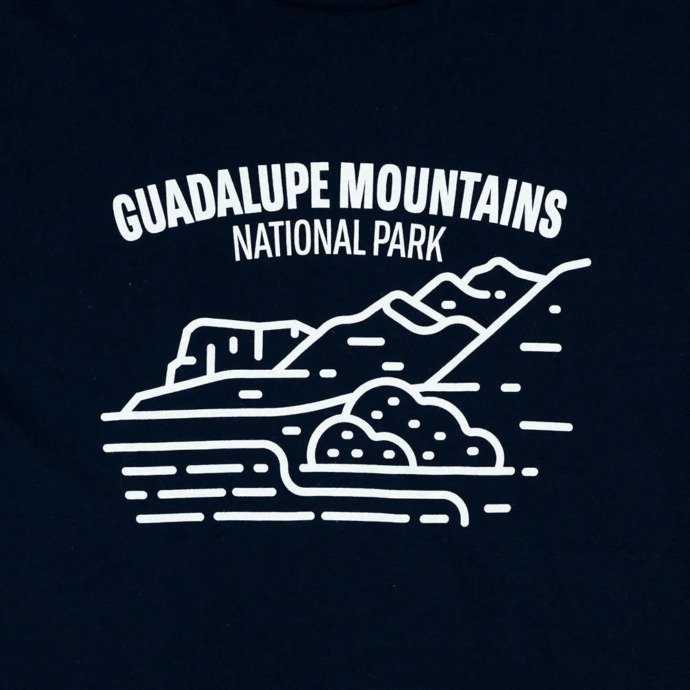 Black t-shirt with white 'Guadalupe Mountains National Park' design on a black background