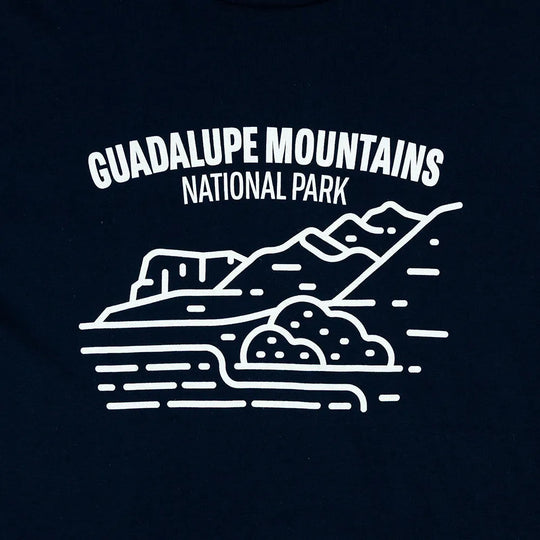 Black t-shirt with white 'Guadalupe Mountains National Park' design on a black background