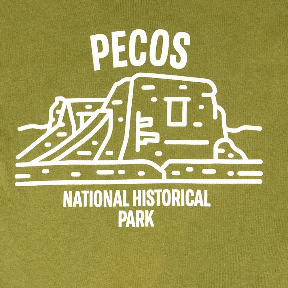 Green t-shirt with white outline of Pecos National Historical Park design on a green background