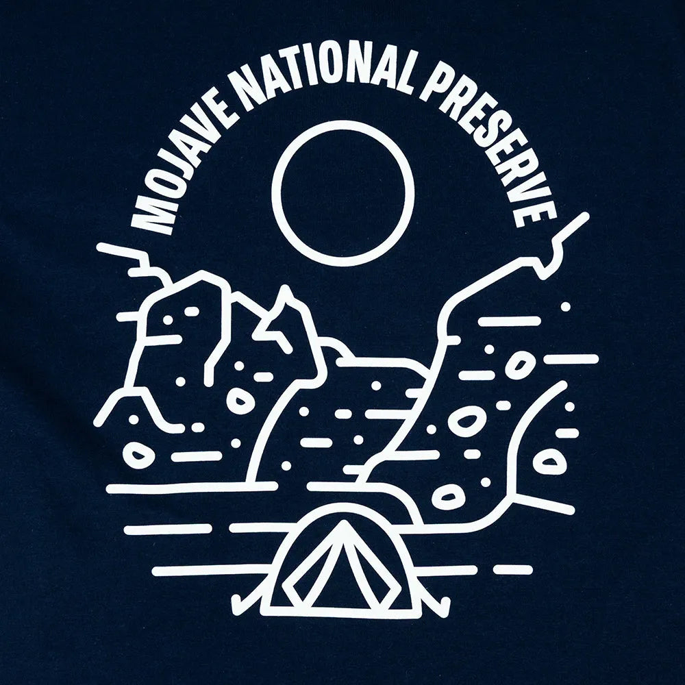 Navy blue t-shirt with white line art design of mountains, cactus, and tent, featuring 'Mojave National Preserve' text.