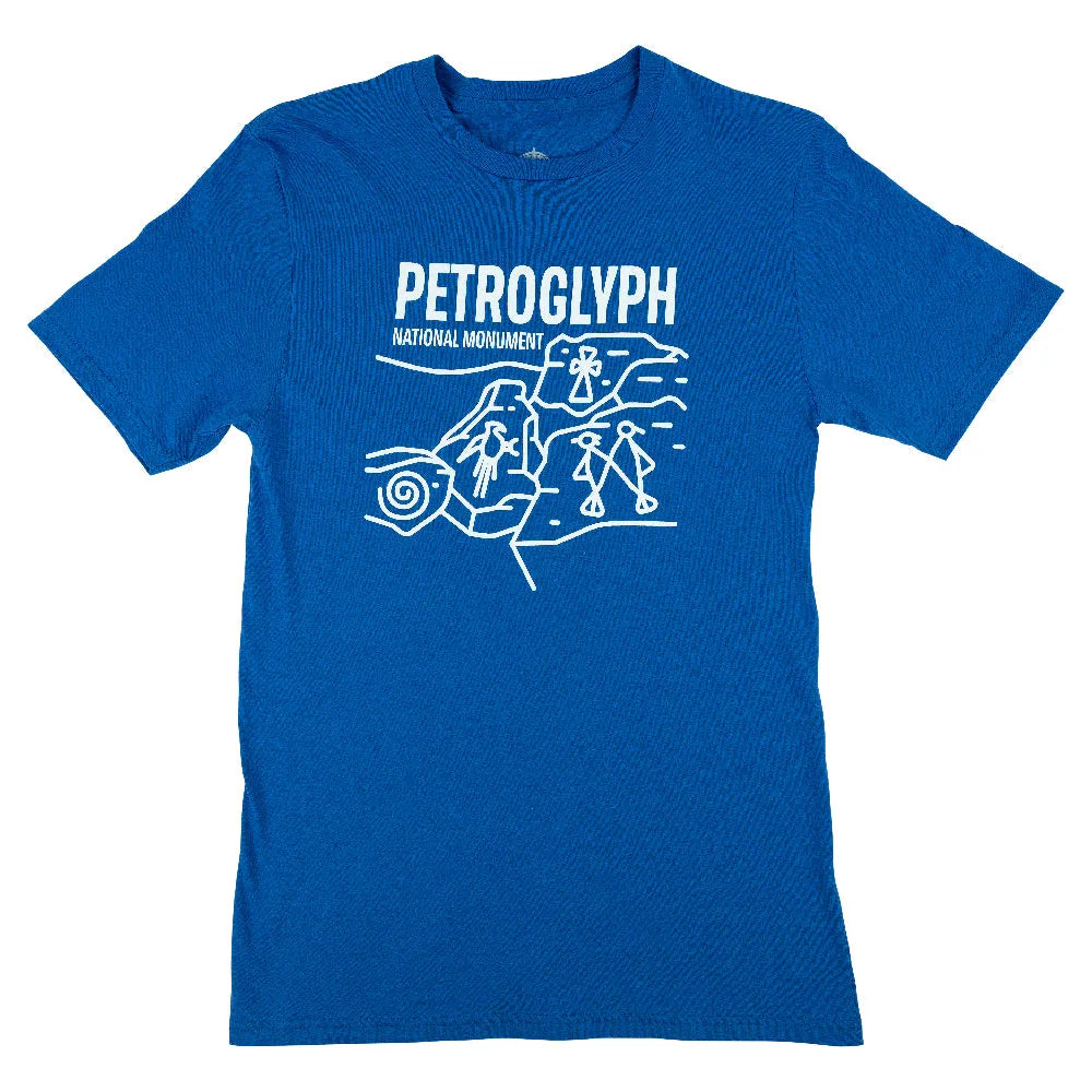 Blue t-shirt with white graphic and text for Petroglyph National Monument on a white background