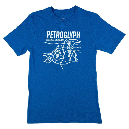 Blue t-shirt with white graphic and text for Petroglyph National Monument on a white background