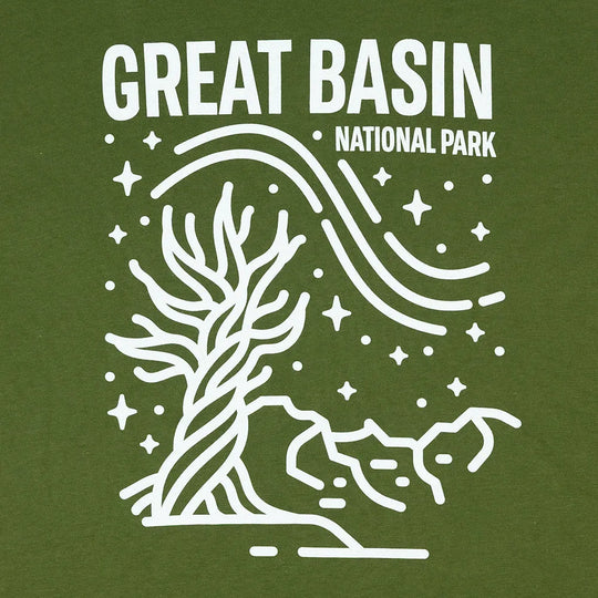 Green t-shirt with white line art of a tree and 'Great Basin National Park' text on a green background
