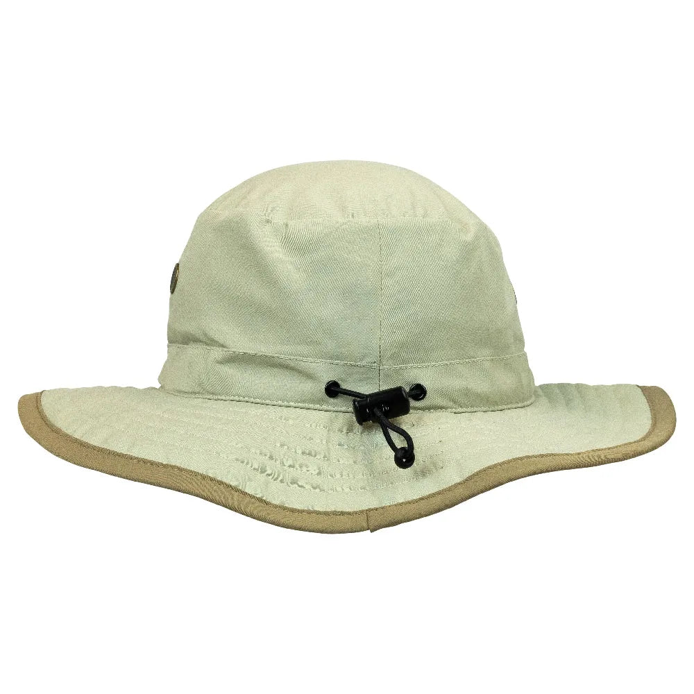 Beige bucket hat with a wide brim on a white background