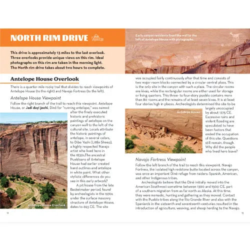Guide page about North Rim Drive with Antelope House Overlook and Navajo Fortress Viewpoint.