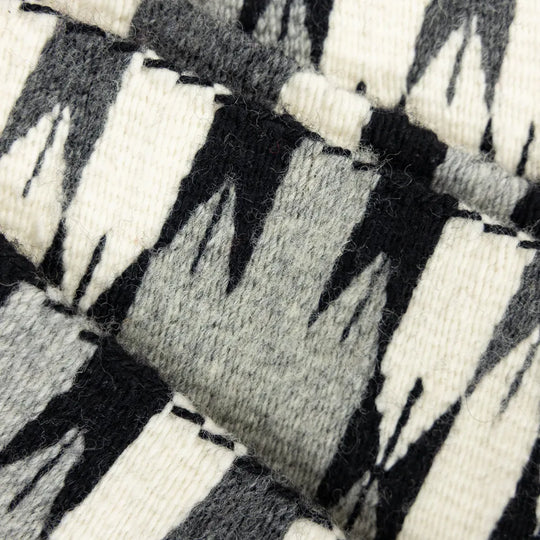 Extreme close-up of a Navajo textile with black, gray, and white pattern
