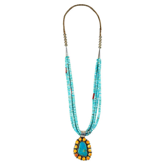 Turquoise beaded necklace with a pendant on a white background