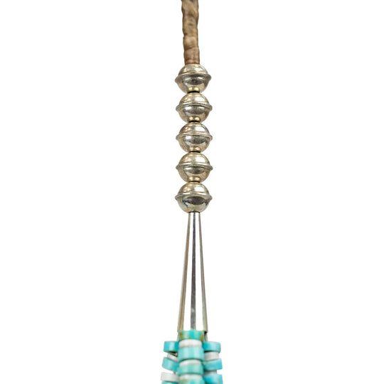 Navajo necklace detail with silver and turquoise beads on a white background