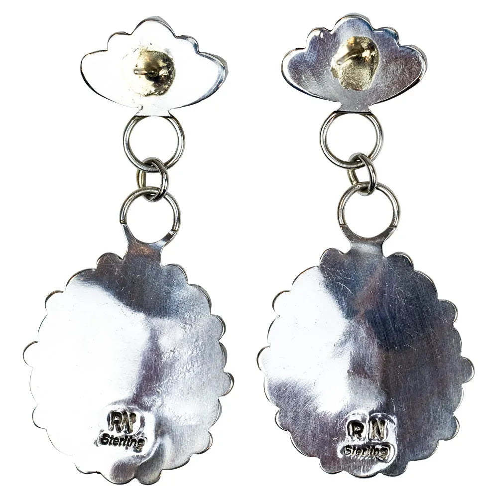Pair of earrings with blue gemstones and silver accents on a white background