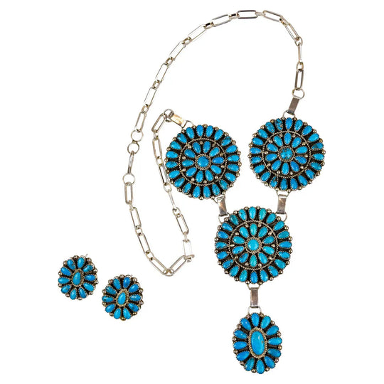 Turquoise floral jewelry set with necklace and earrings on a white background
