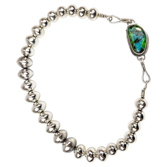 Silver beaded choker necklace with a green and blue stone clasp on a white background