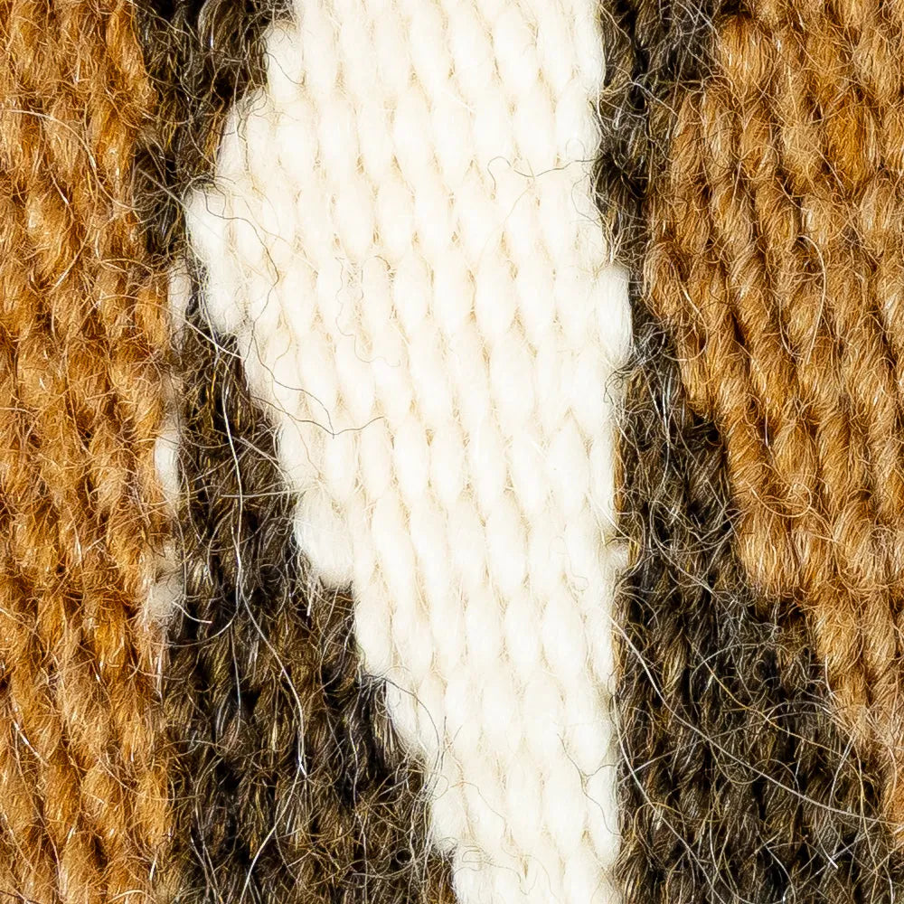 Close-up of brown, beige, and white yarn strands.