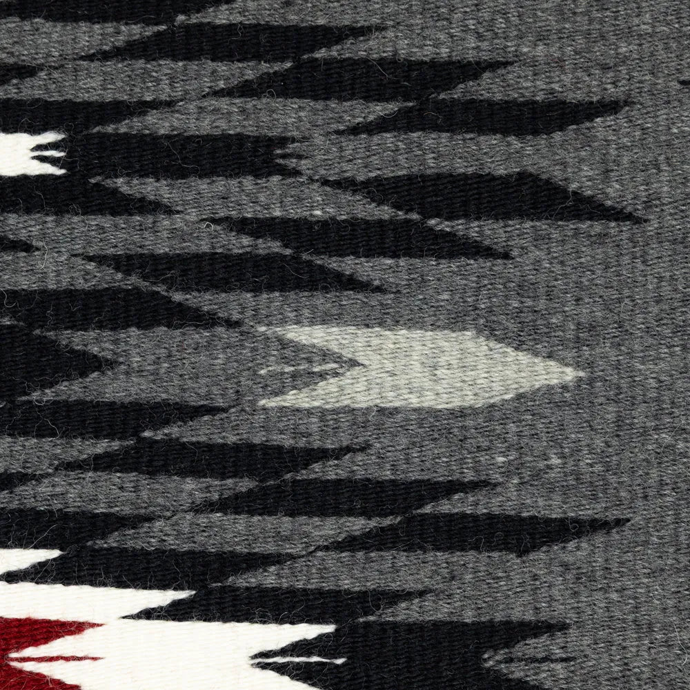 Close-up of a patterned fabric with black, white, and red colors on a dark background.