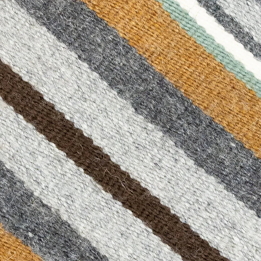 Close-up of a textured fabric with horizontal stripes in brown, gray, and beige.