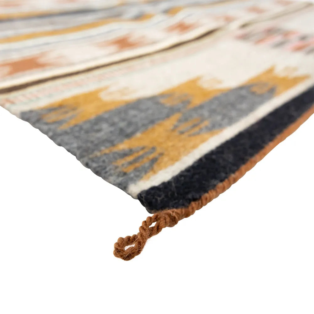 Close-up of a patterned rug with earthy tones on a white background