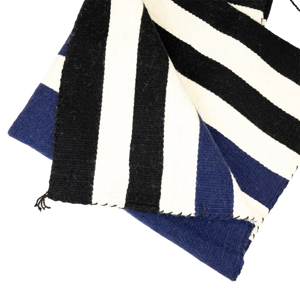 Striped Navajo blanket with black, white, and blue horizontal stripes on a white background