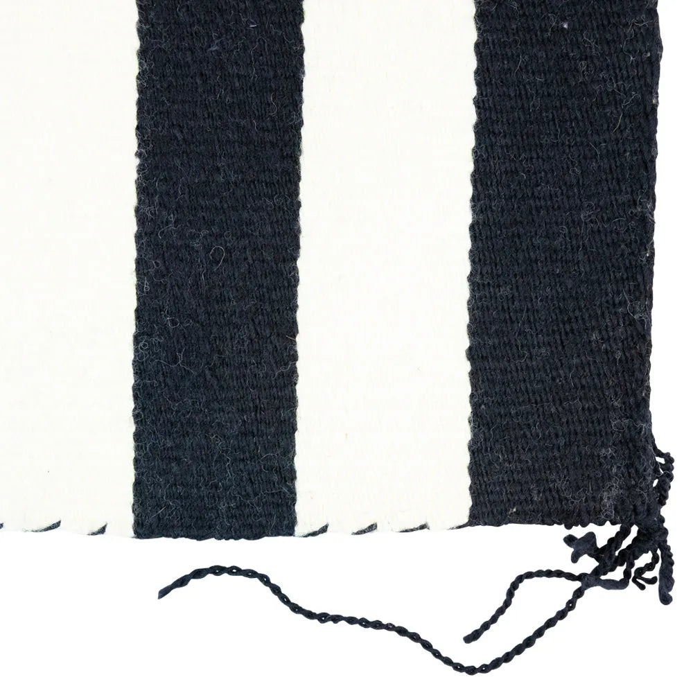 Striped Navajo blanket with black, white, and blue horizontal stripes on a white background