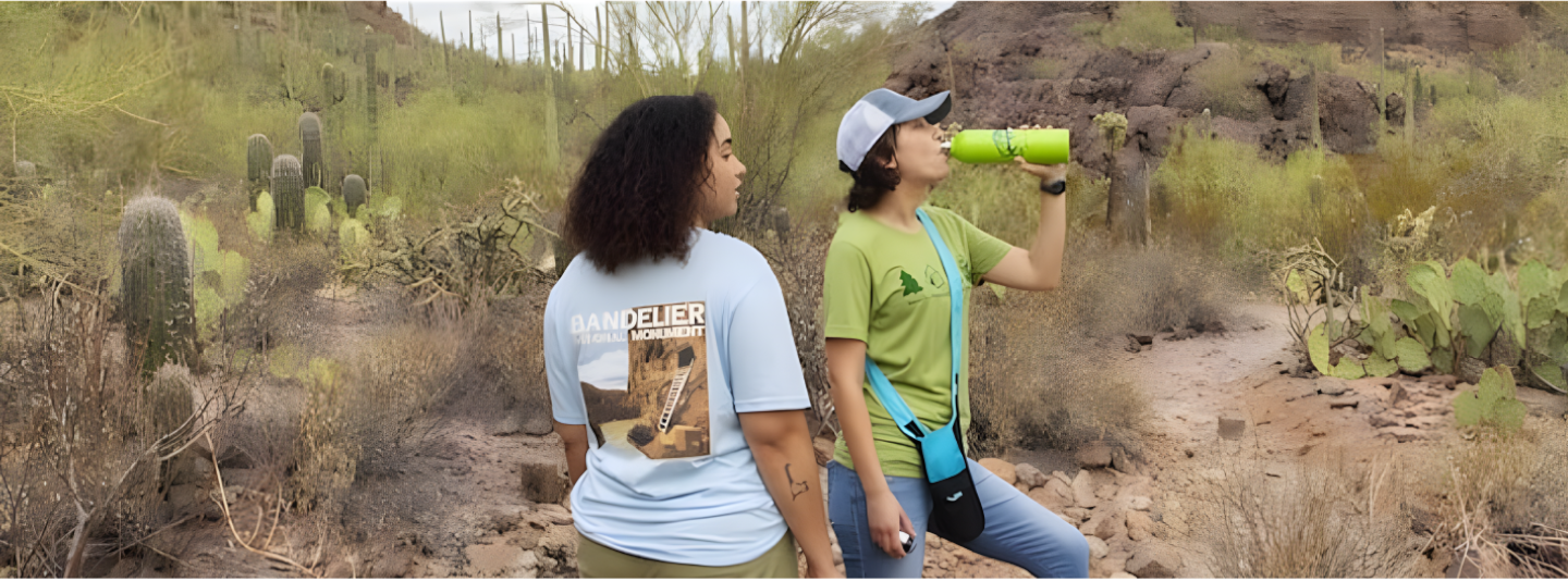 Two women in national park inspired apparel on a desert hiking trail