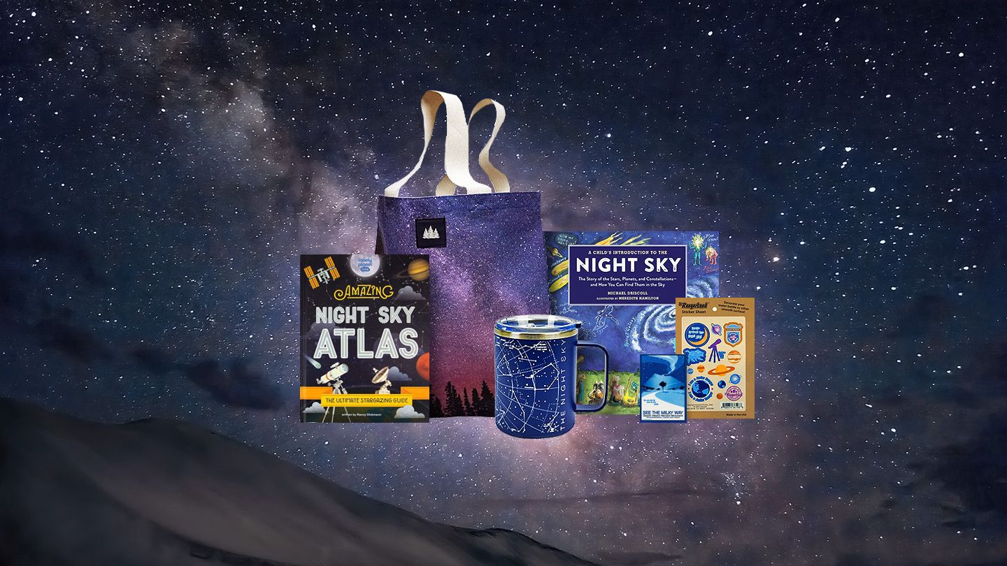 A collection of night sky products set against a Milky Way image at Great Sand Dunes National Park.