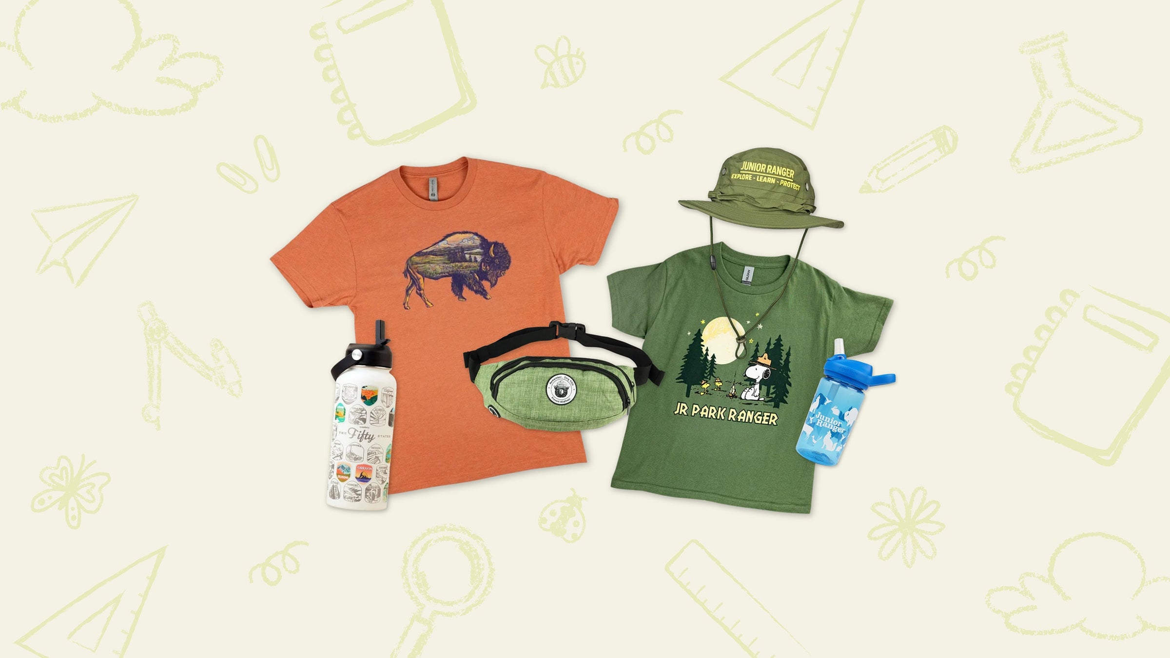 A coordinated outdoor-themed merchandise set laid out on a light cream background with faint line drawings denoting a back-to-school theme.
