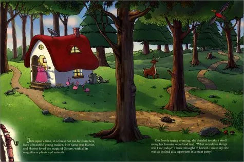 Colorful illustration of a fairy tale scene with a red-roofed house, animals, and text.