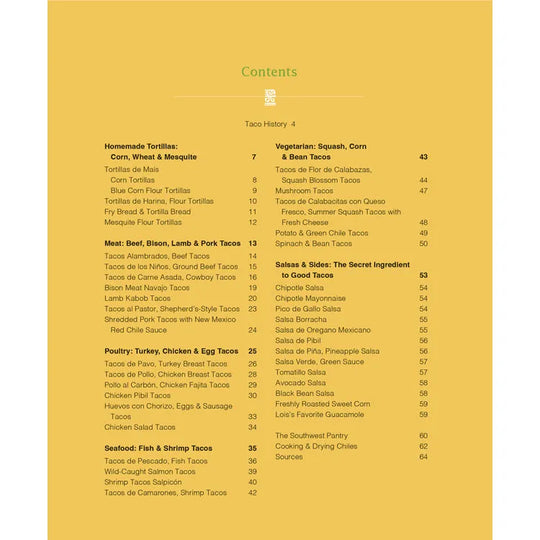 Taco Table Cookbook Table of Contents