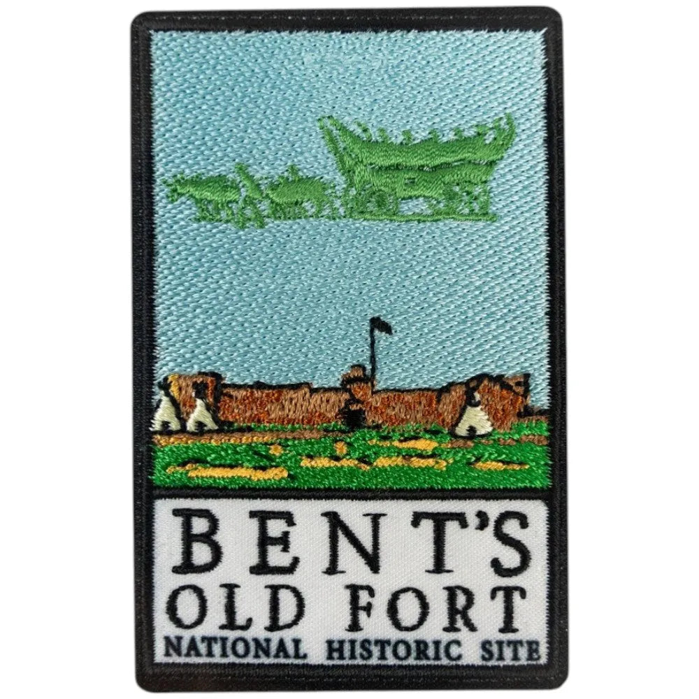Embroidered patch of Bents Old Fort National Historic Site with a fort illustration on a light blue background.