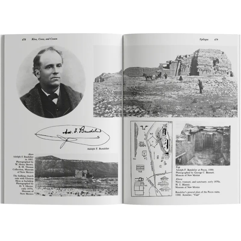 Open book showing a portrait, archaeological site, and illustrations of Adolph F. Bandelier.
