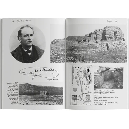 Open book showing a portrait, archaeological site, and illustrations of Adolph F. Bandelier.