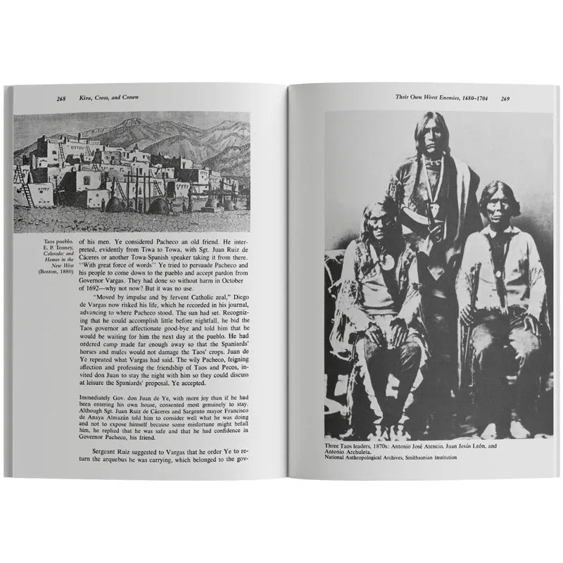Open book with black and white photograph of three men and text on a white background
