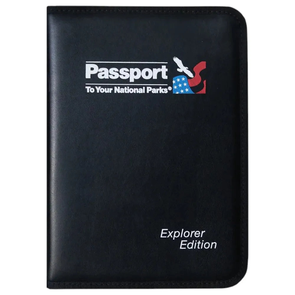 Black national park passport holder with 'Passport to Your National Parks' logo on a white background
