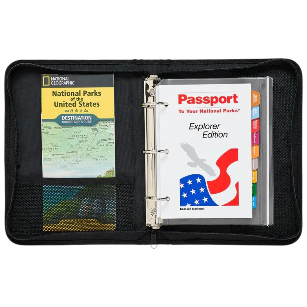 Black travel organizer with National Geographic map and National Park Passport cover